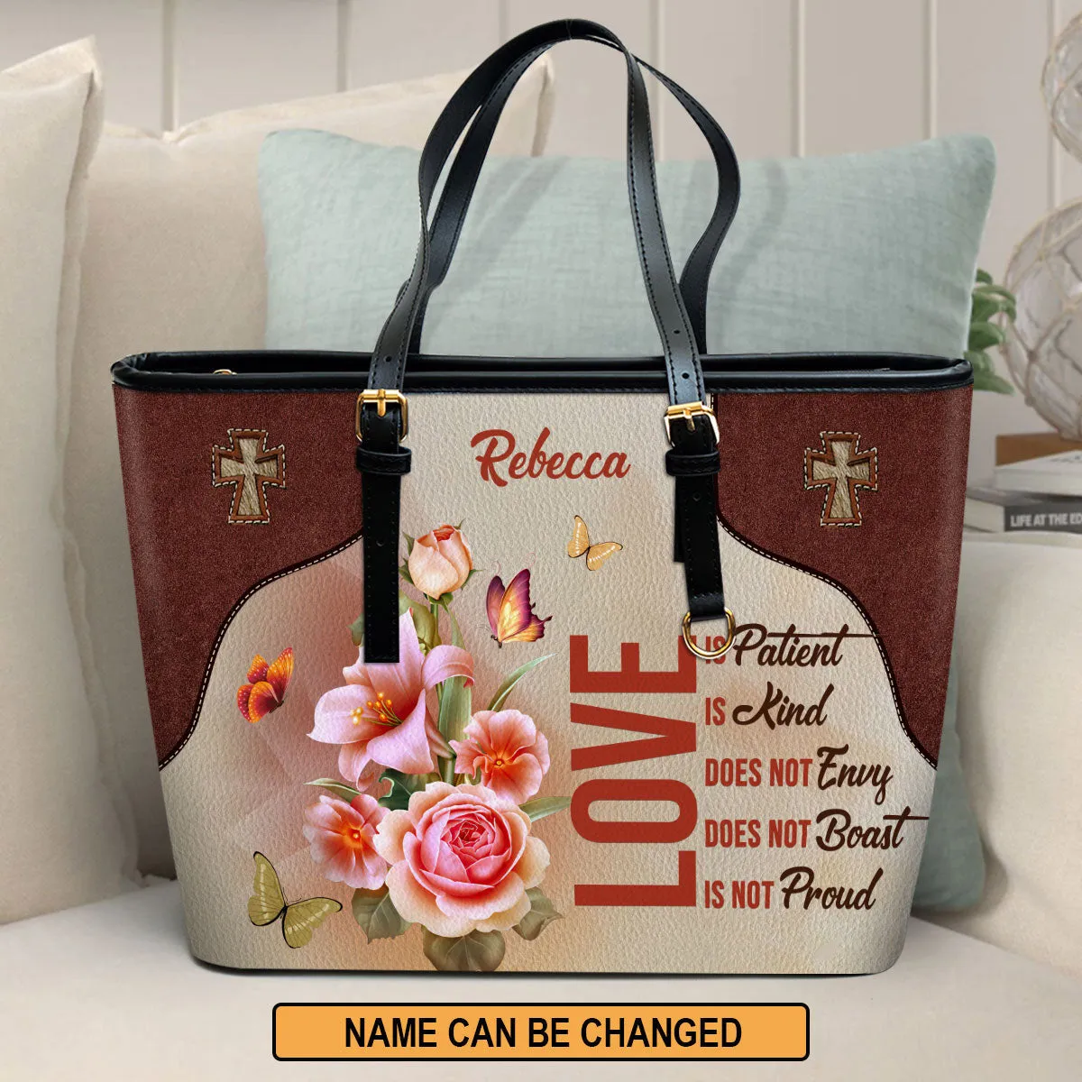 Love Does Not Envy Personalized Large Leather Tote Bag - Christian Inspirational Gifts For Women