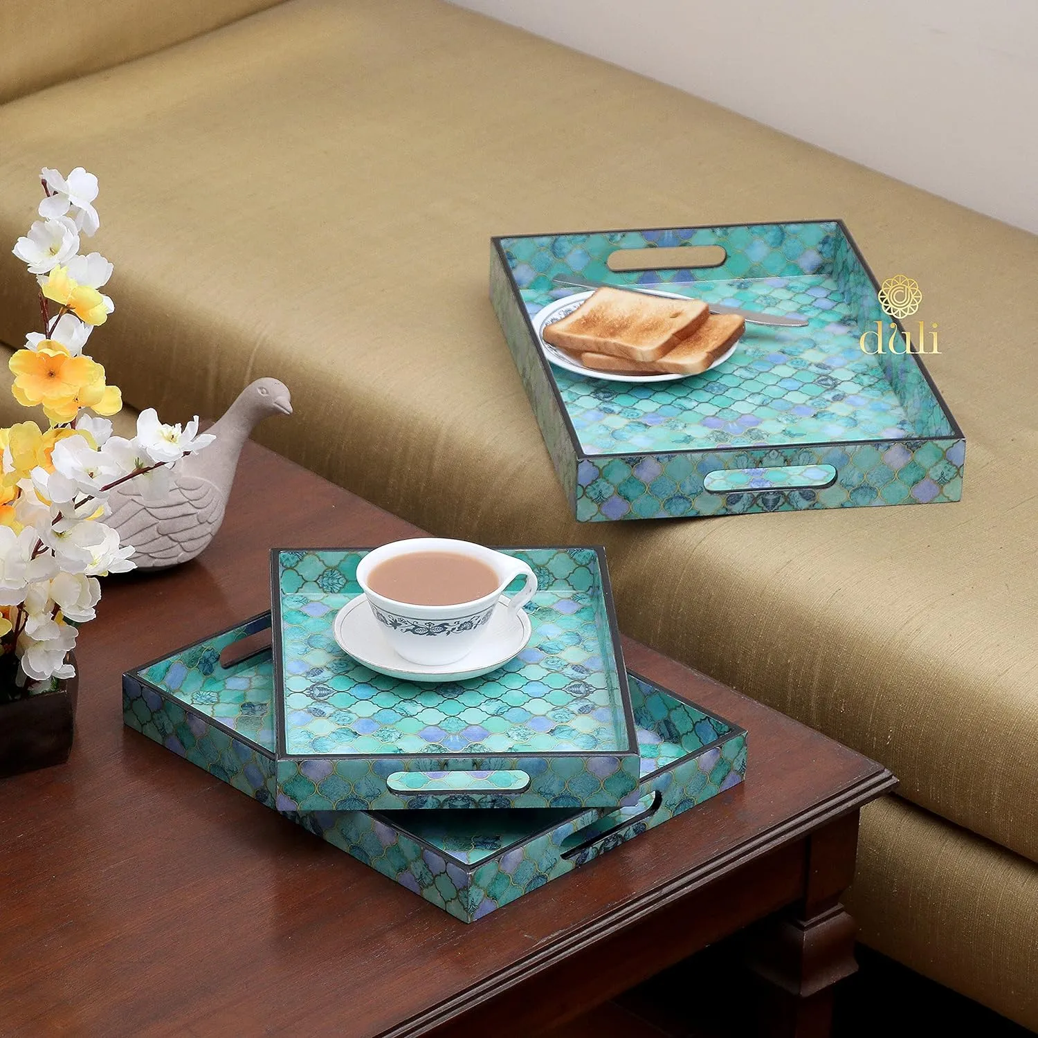 MDF WOOD ENAMEL COATED MULTIPURPOSE TRAYS - SET OF 3