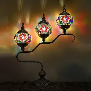 Mediterranean Stained Glass Night Light with 3 Heads - Red/Orange/Blue Tower Design