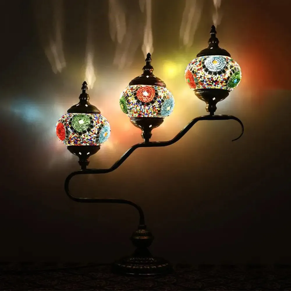 Mediterranean Stained Glass Night Light with 3 Heads - Red/Orange/Blue Tower Design