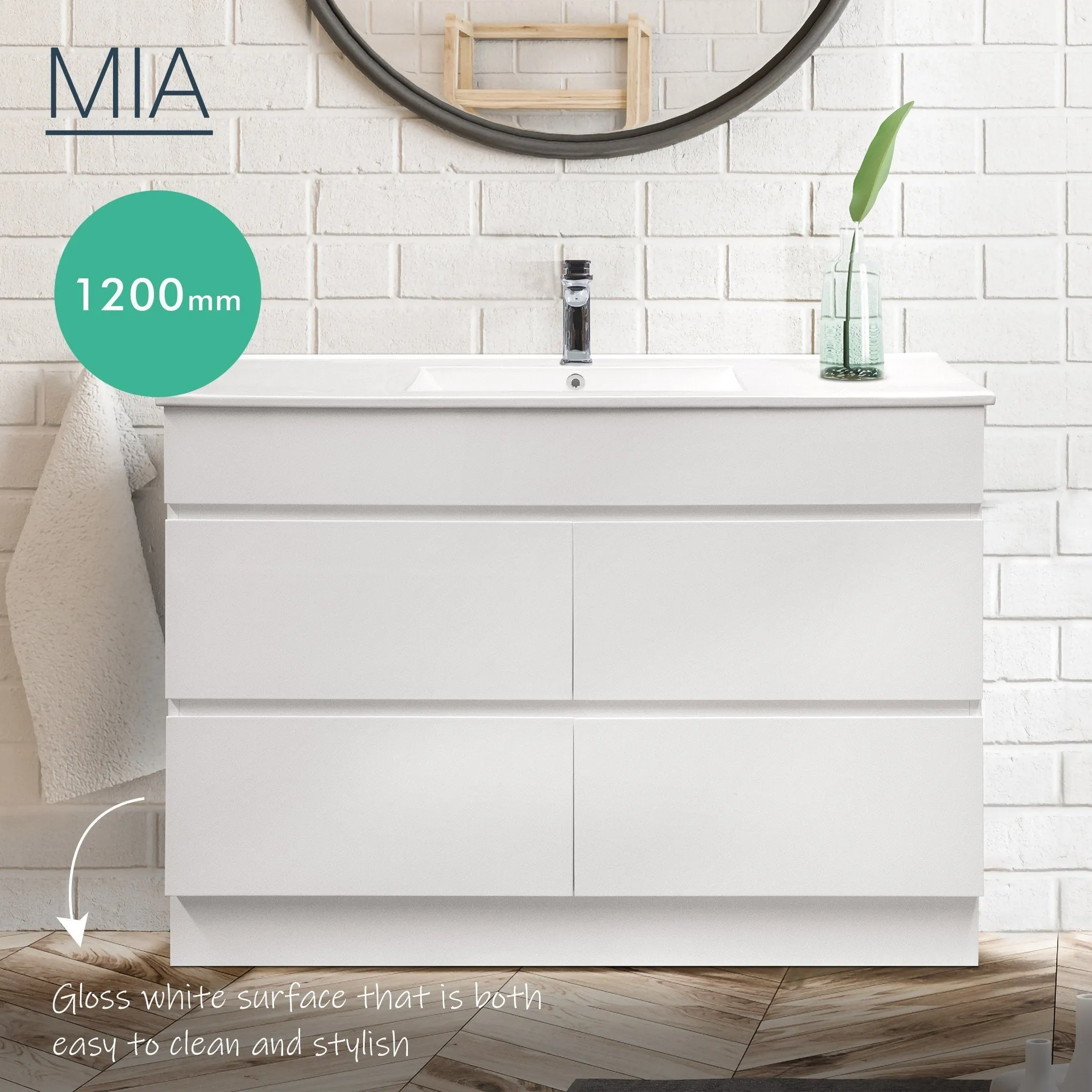 Mia 1200mm Floor Standing Bathroom Vanity   Single Ceramic Top