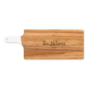 PERSONALIZED WOODEN CUTTING & SERVING BOARD WITH WHITE HANDLE  -  RETRO SCRIPT