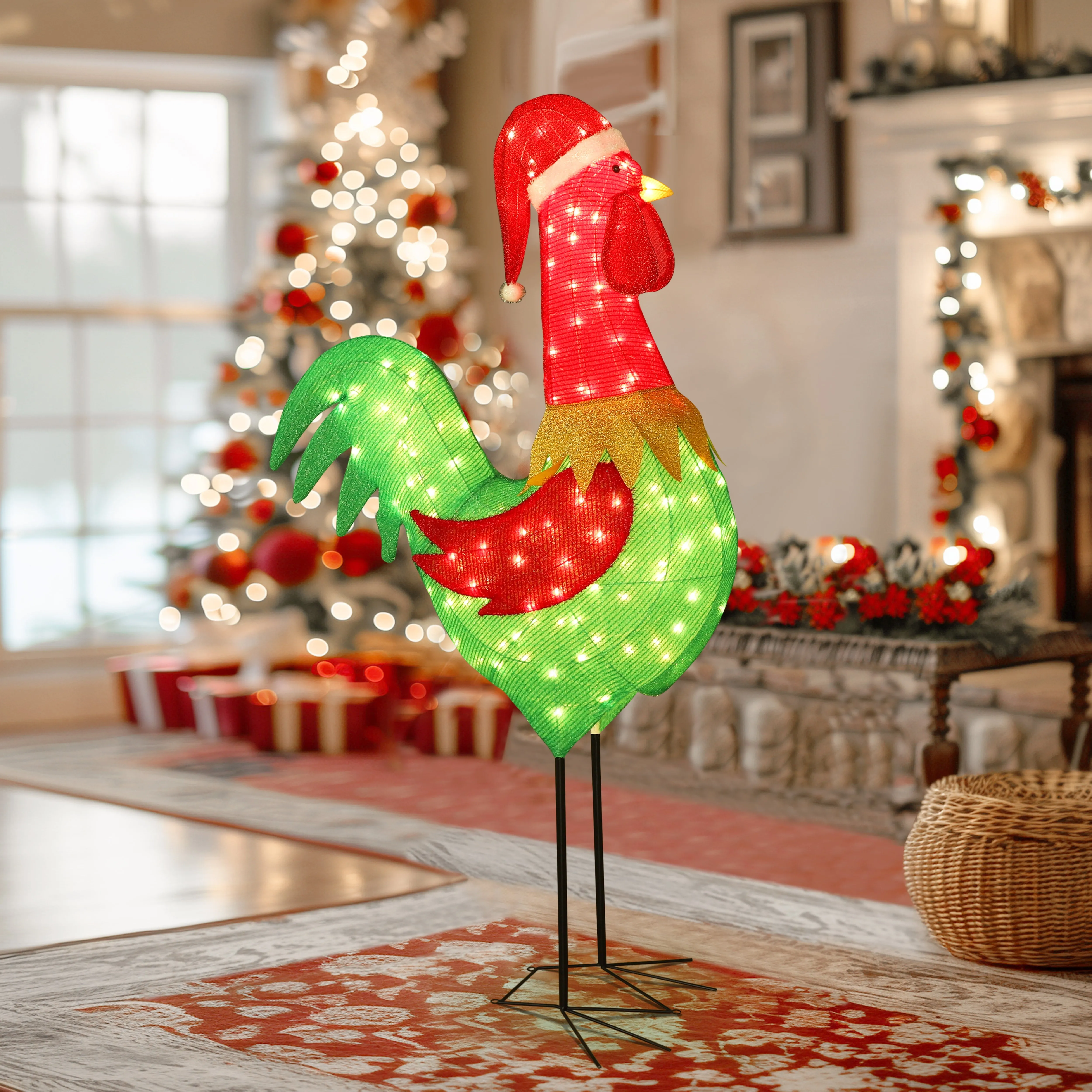 premium 6ft Christmas Pre-Lit Lamp Post Holiday Decoration w/120 LED Lights, Energy-Saving Rooster