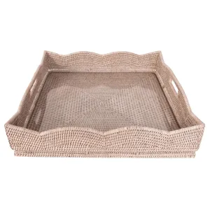 Rattan Scallop Square Tray with Glass Insert in White Wash