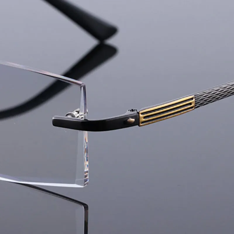 Reven Jate 5904 Titanium Rimless Diamond Cutting Man Glasses Frame Eyeglasses (Black)