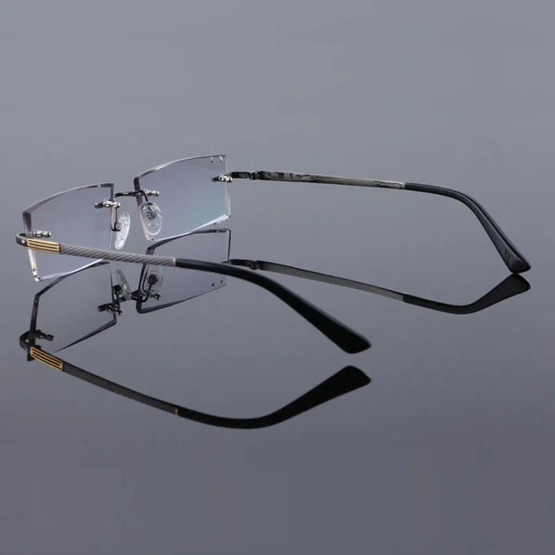 Reven Jate 5904 Titanium Rimless Diamond Cutting Man Glasses Frame Eyeglasses (Black)