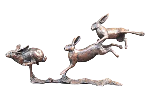 Richard Cooper Small Hares Running Bronze Sculpture