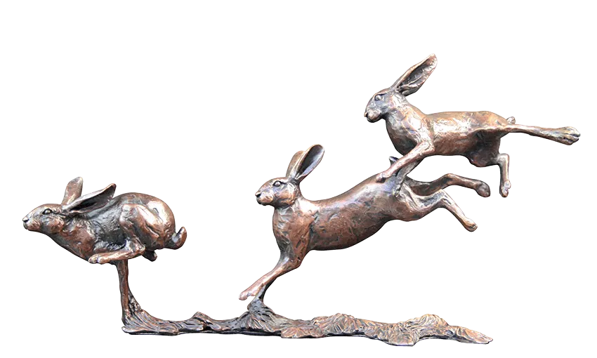 Richard Cooper Small Hares Running Bronze Sculpture