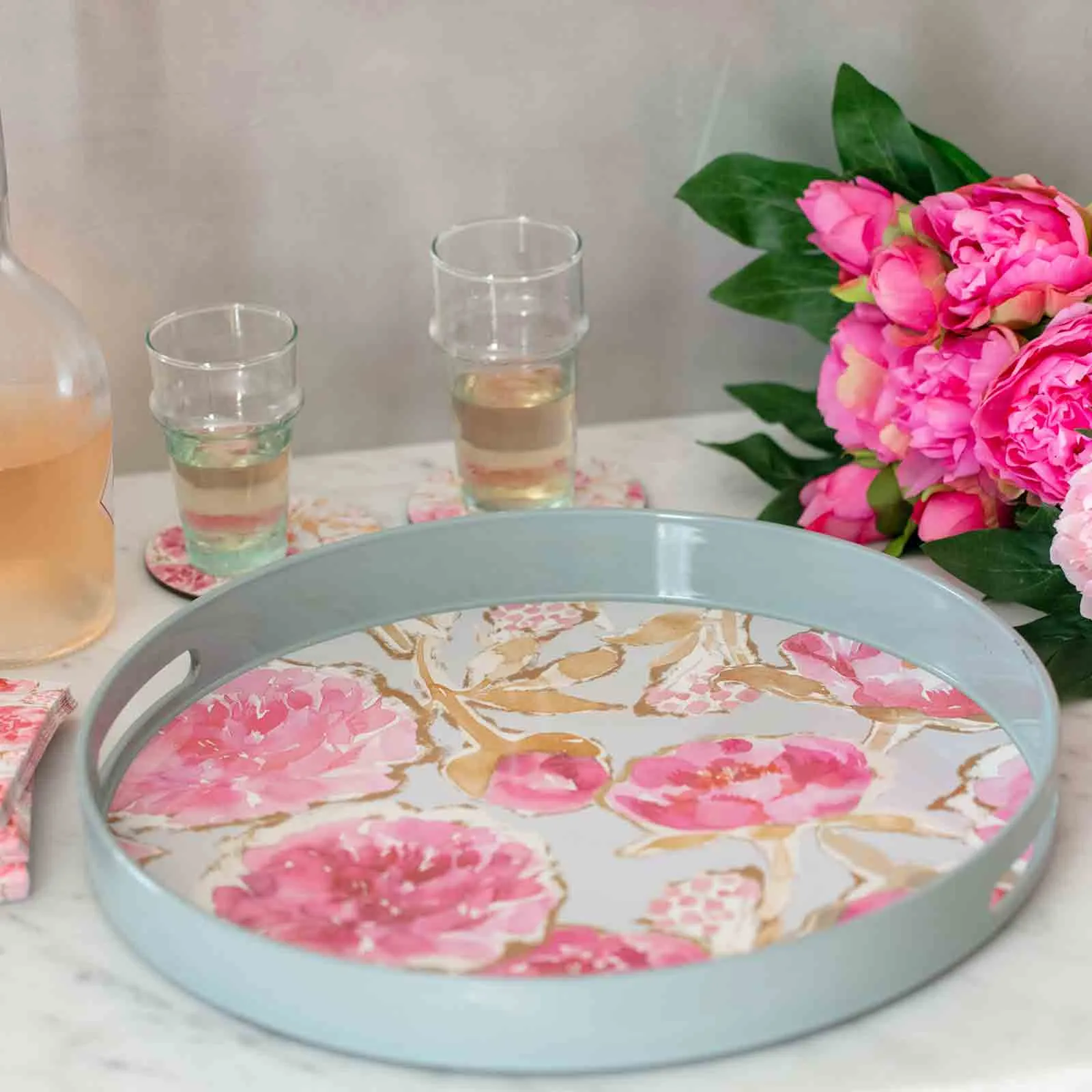 Round Pink Tray with Peonies - 15 Inch