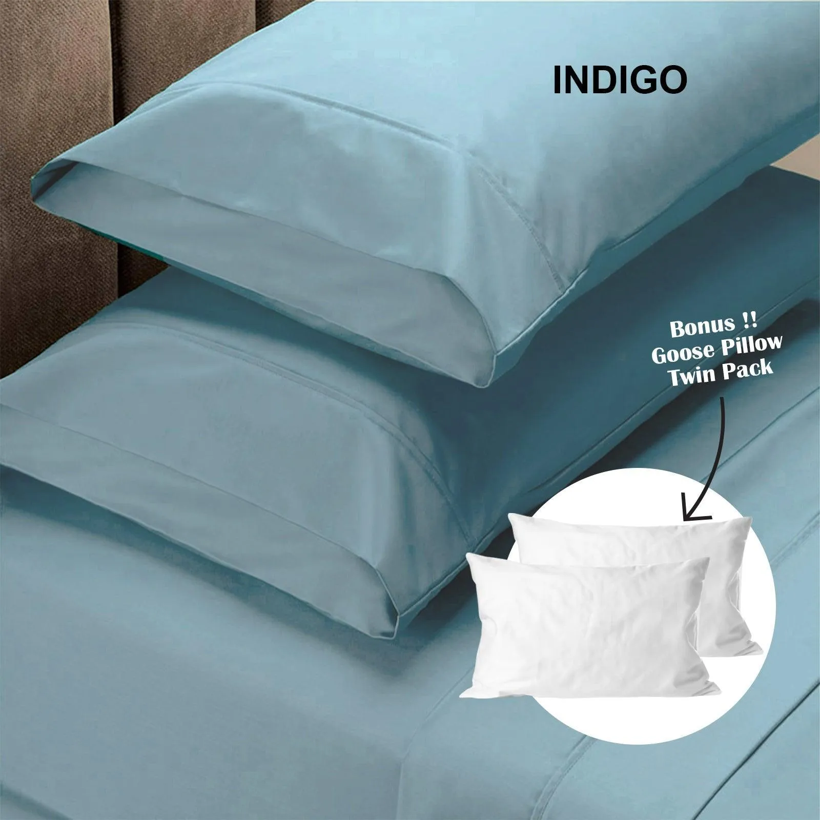 Royal Comfort 4 Piece 1500TC Sheet Set And Goose Feather Down Pillows 2 Pack Set - Double - Indigo