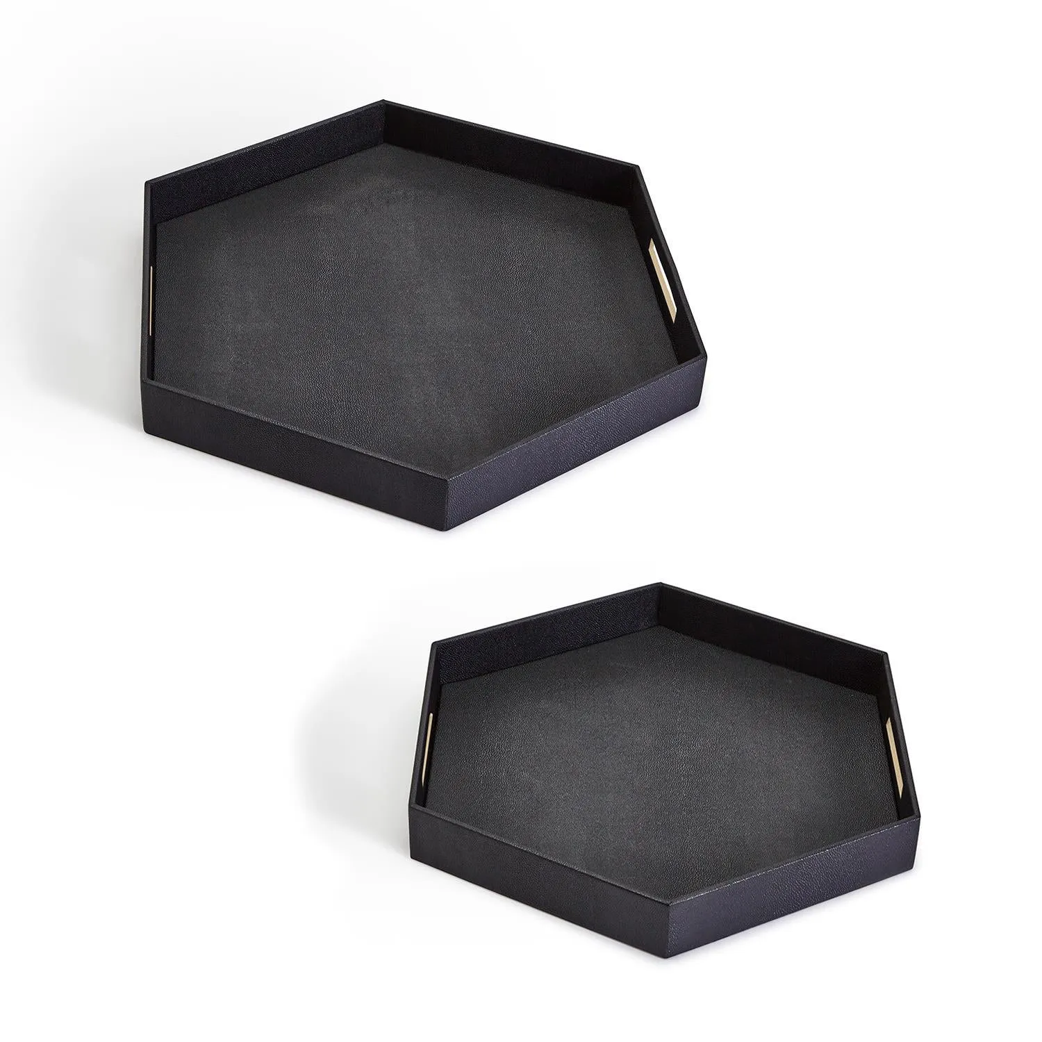 Set of 2 Black Hexagon Stingray Tray with Golden Handle