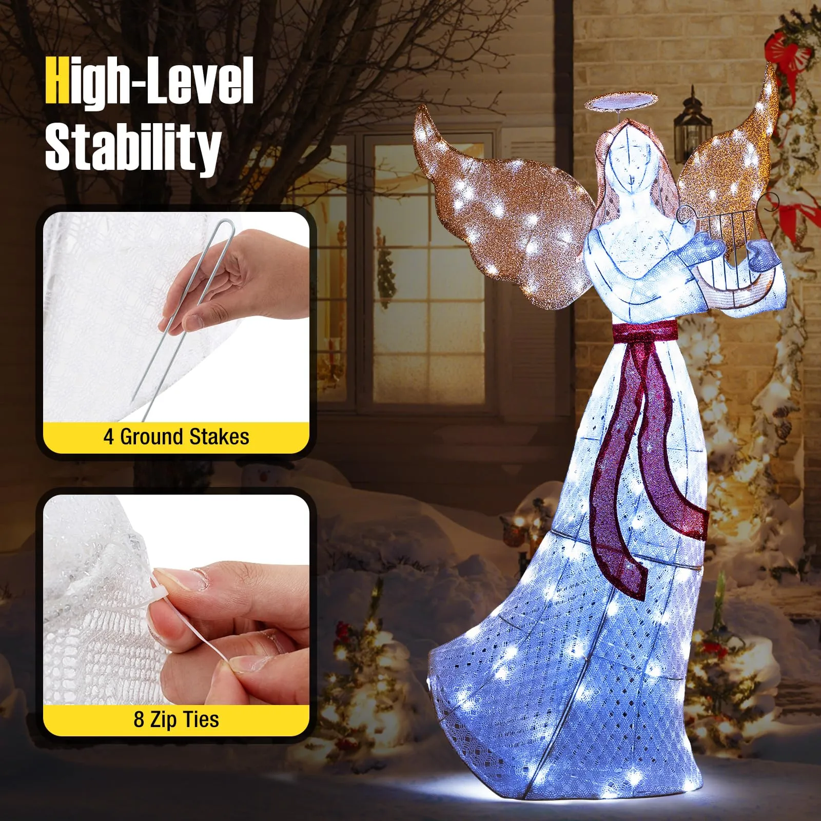 Tangkula 5 FT Outdoor Christmas Lighted Angel, Xmas Yard Pre-Lit Angel with Harp, Halo & 120 Cold White LED Lights