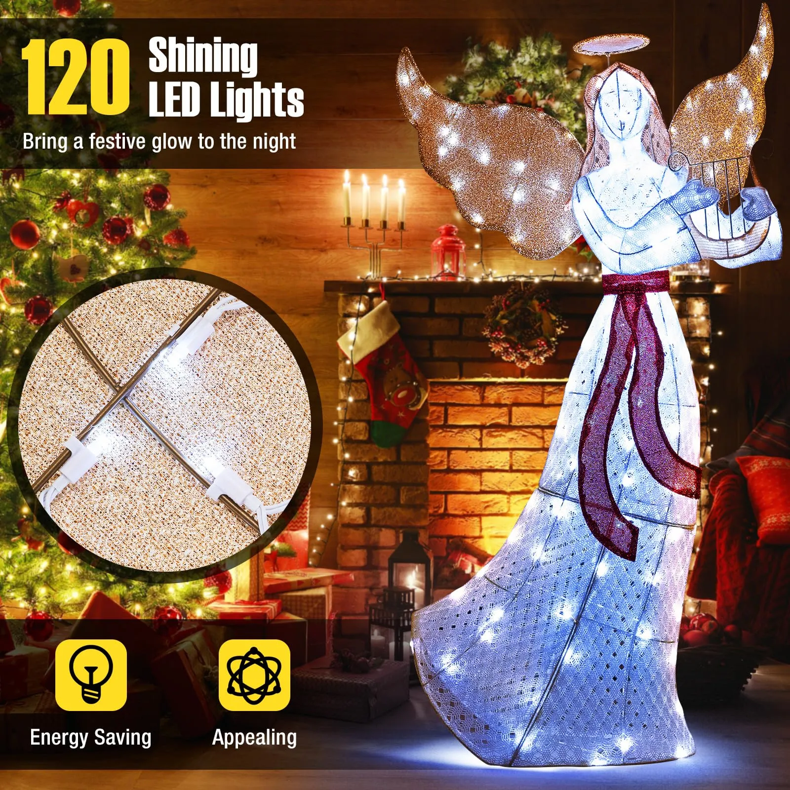 Tangkula 5 FT Outdoor Christmas Lighted Angel, Xmas Yard Pre-Lit Angel with Harp, Halo & 120 Cold White LED Lights