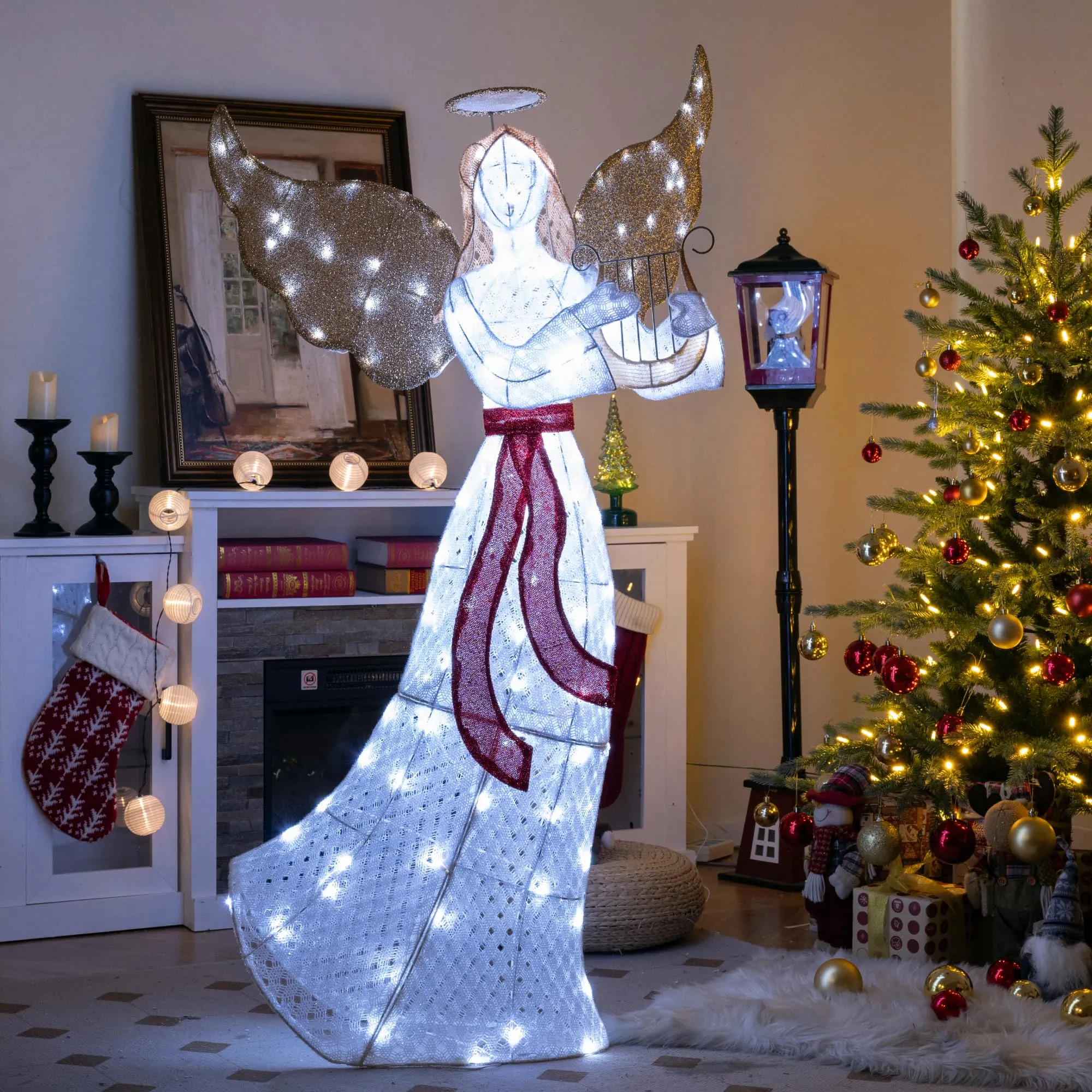 Tangkula 5 FT Outdoor Christmas Lighted Angel, Xmas Yard Pre-Lit Angel with Harp, Halo & 120 Cold White LED Lights