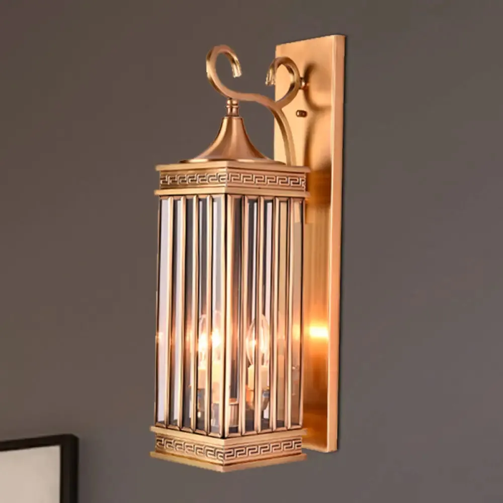 Traditional Brass Metal Wall Sconce Light Fixture for Foyer - 1/3 Head Rectangle Design, 18"/24.5"H