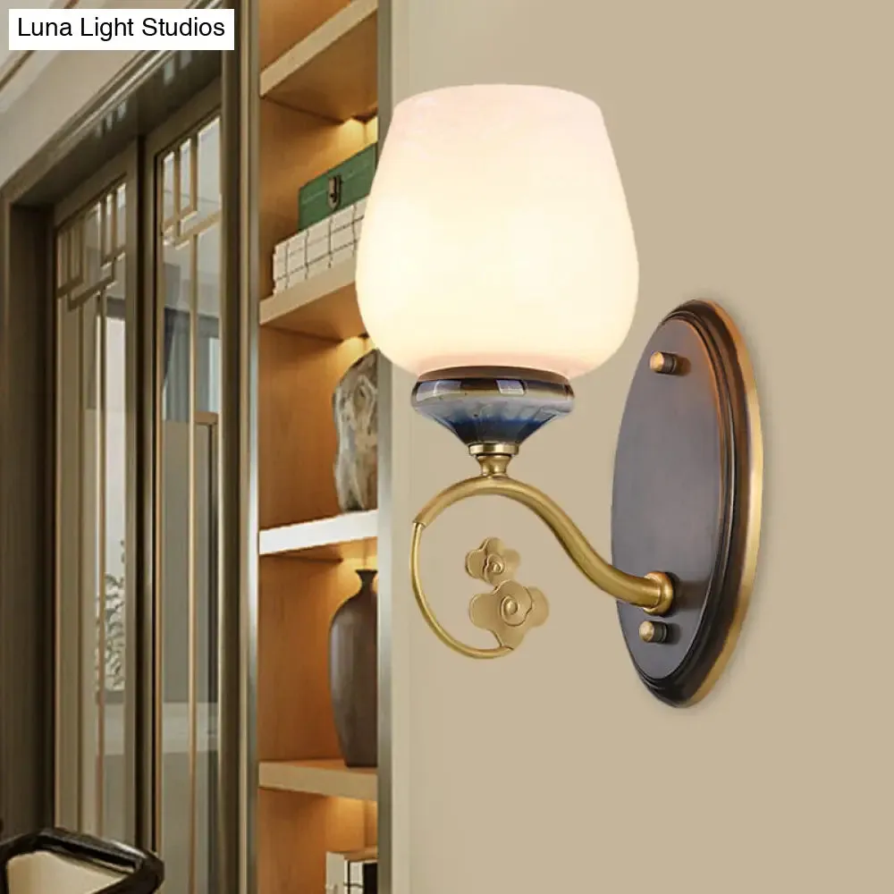 Vintage Flower Bud Sconce Light: Cream Glass Wall Mounted Lighting with Single Bulb in Black