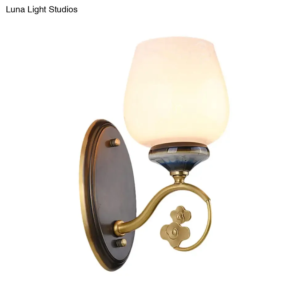 Vintage Flower Bud Sconce Light: Cream Glass Wall Mounted Lighting with Single Bulb in Black