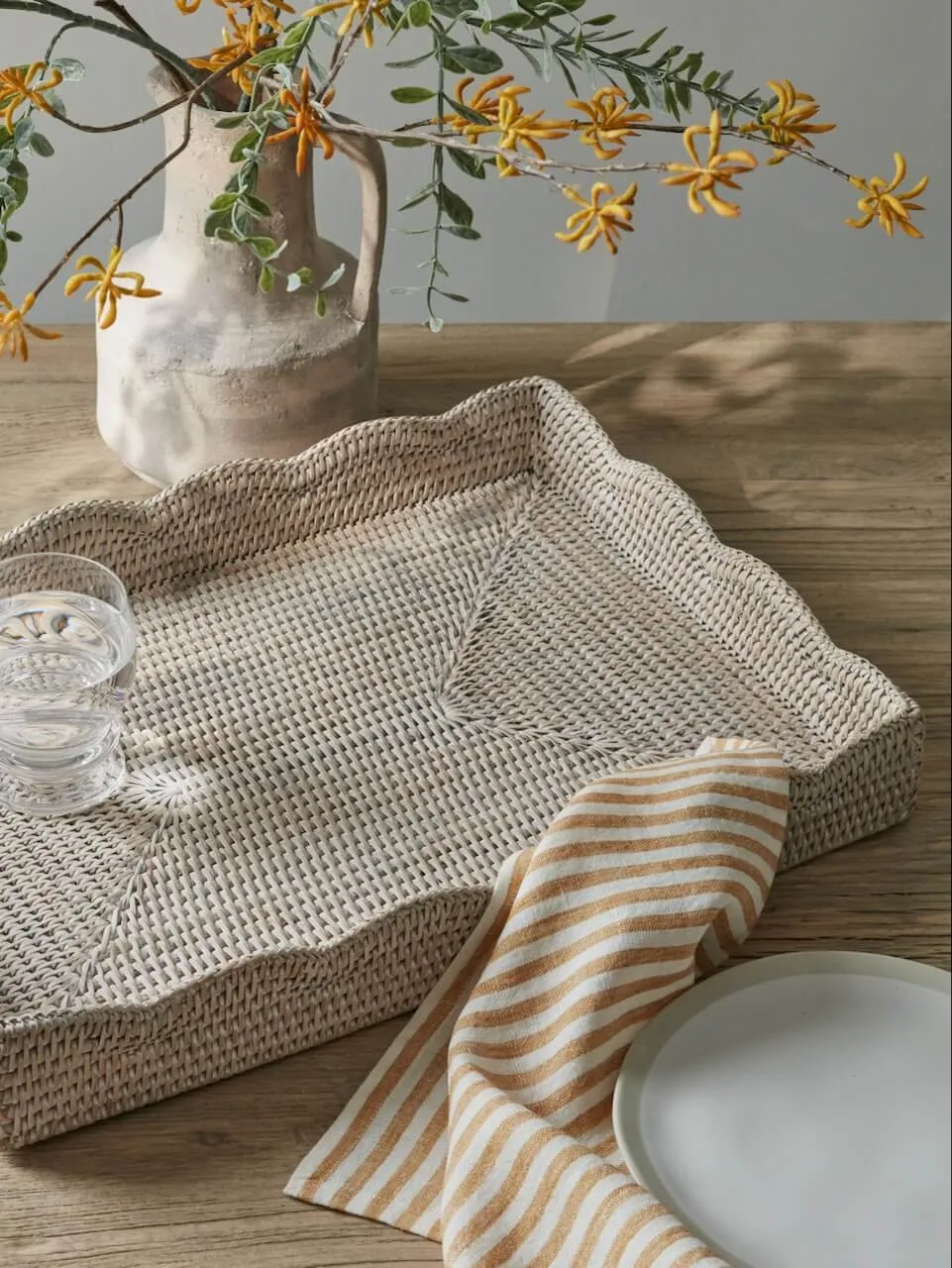 White Rattan Scallop Edge Tray