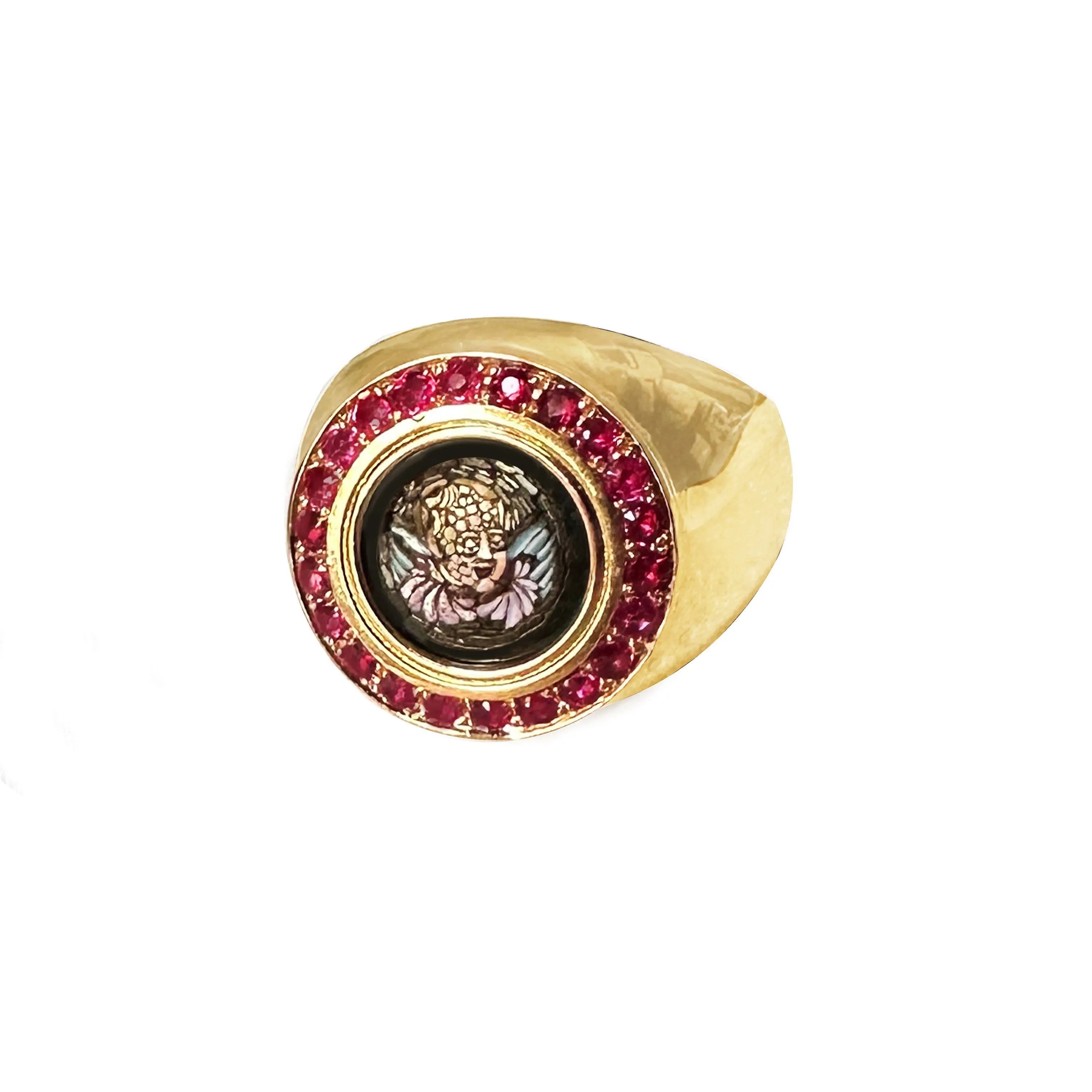 WINGED CUPID Authentic Micromosaic Ring (Rome, circa 1850) set in 18K Gold with 22 Rubies