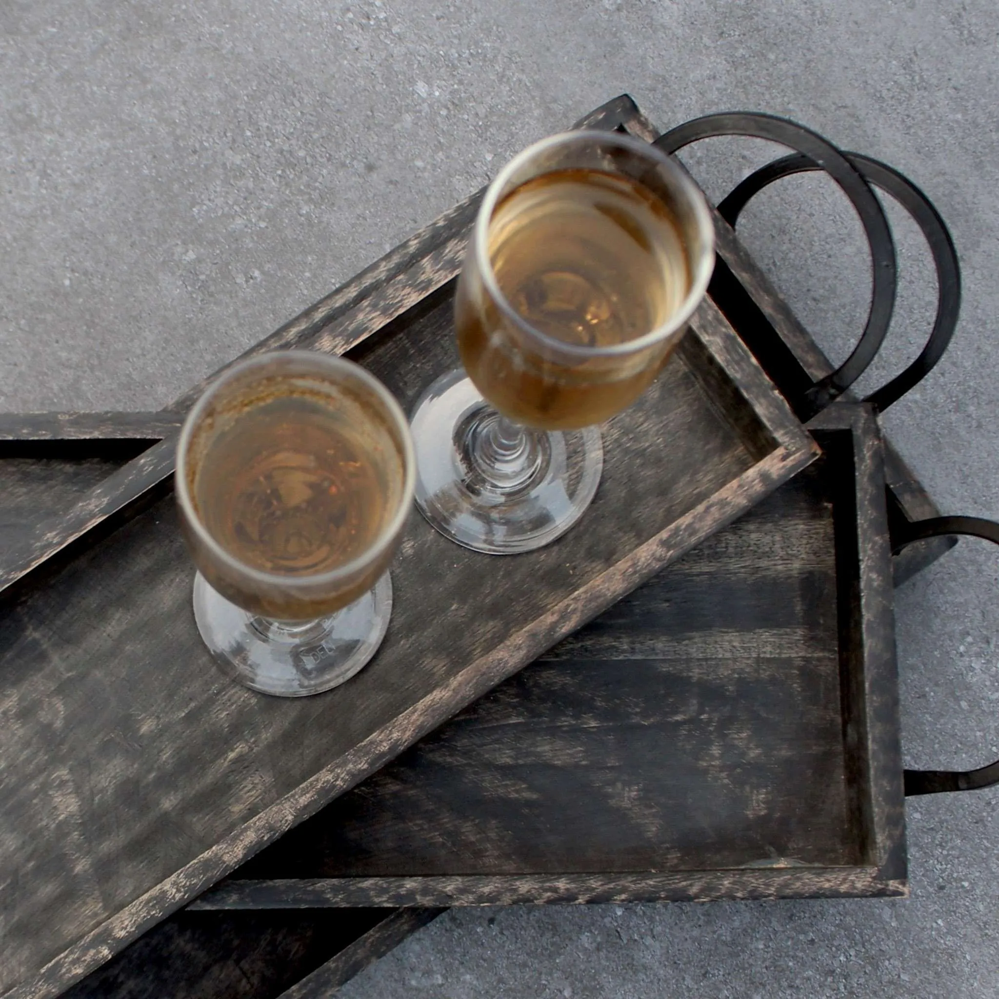 Wood Serving Tray with Handles in Charcoal Grey, Set of 3